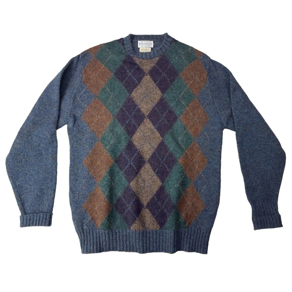 VTG Bullock & Jones Mens Shetland Wool Argyle Sweater Made In England Size 44